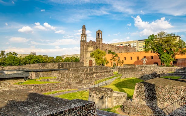 Plaza de las Tres Culturas with ancient ruins and colonial church, Tlatelolco, Mexico City.
