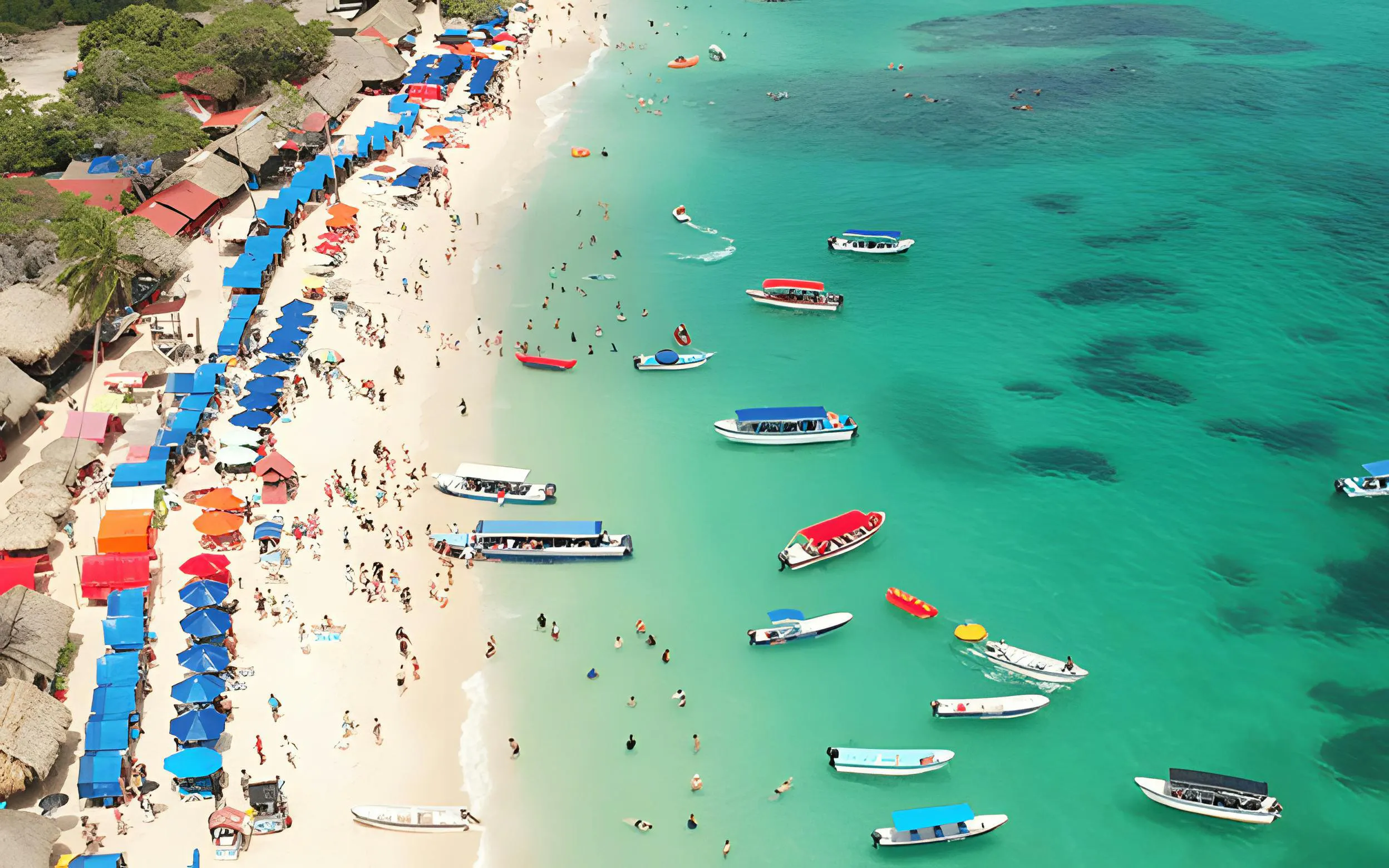 Beachgoers and boats at Rosario Islands, Cartagena, Colombia.