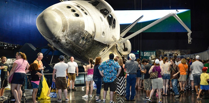 Visitors viewing Space Shuttle Atlantis at Kennedy Space Center.
