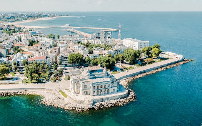 Constanta Casino on the Black Sea coast during a guided walking tour.