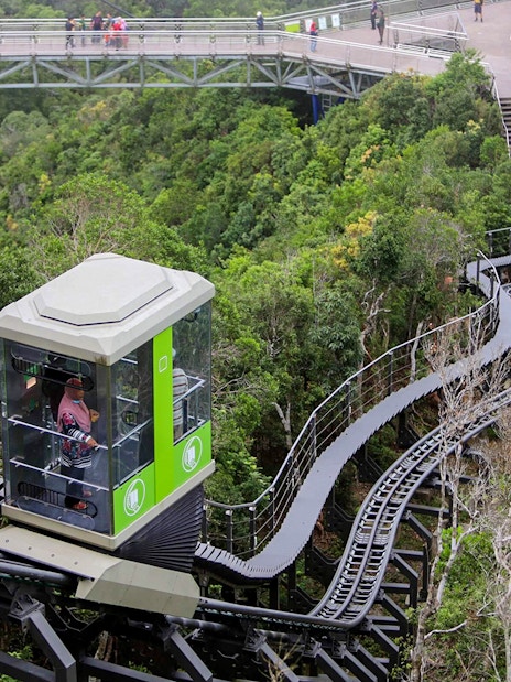 Langkawi SkyGlide ascending through lush forest with SkyBridge in the background.