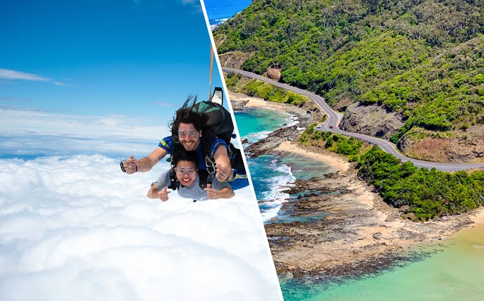 Tandem skydive over clouds and aerial view of Great Ocean Road coastline.