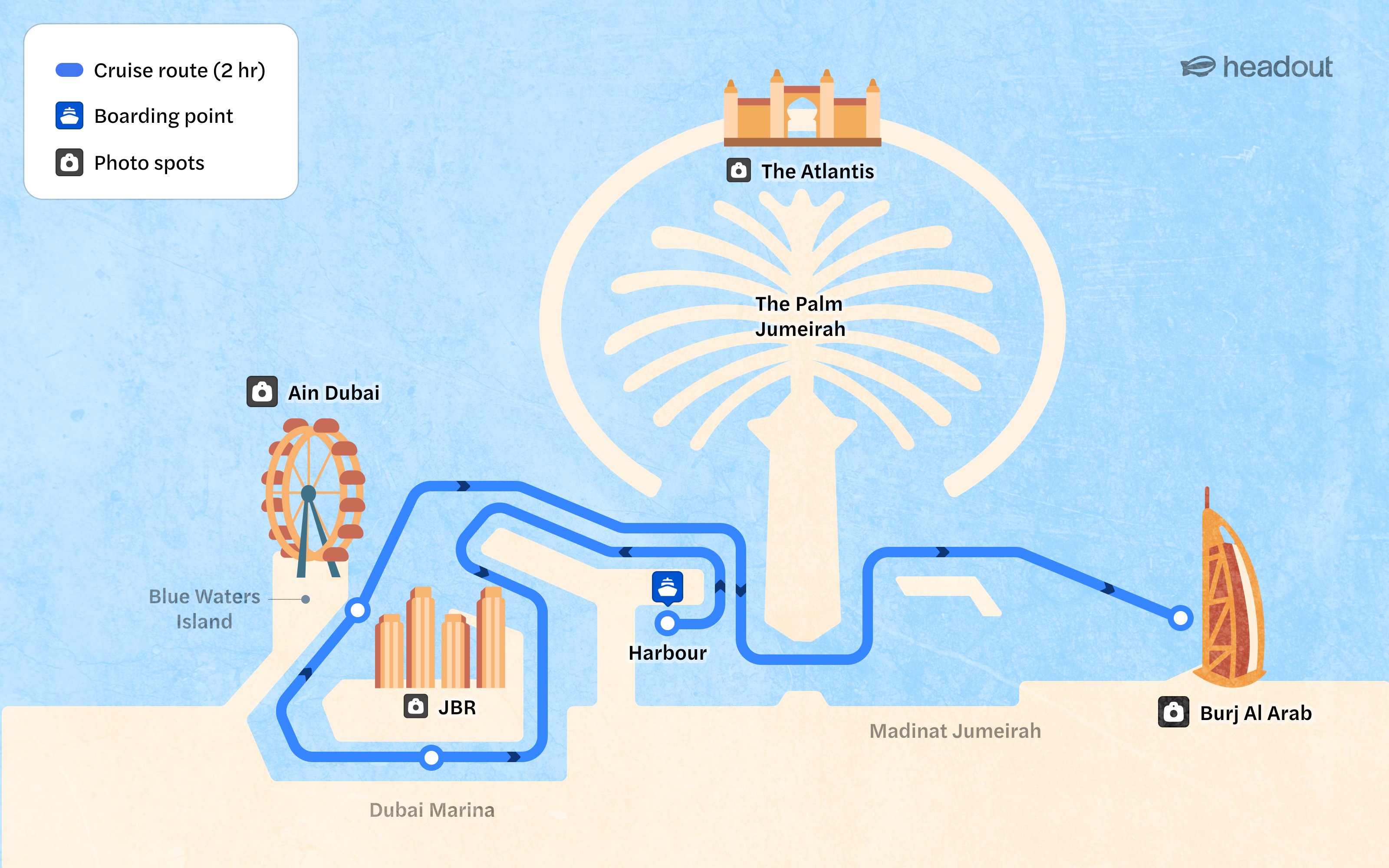 Route map of Yacht Cruises in Dubai featuring The Palm Jumeirah, Ain Dubai, and Burj Al Arab.