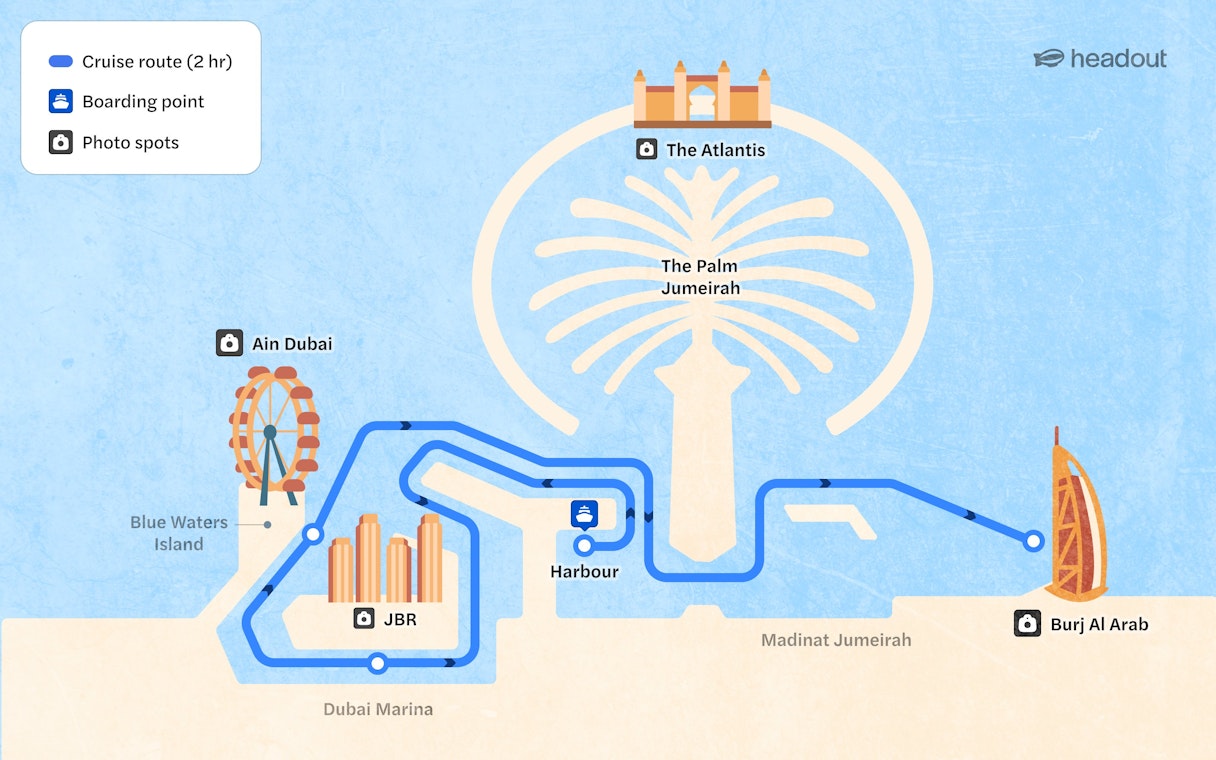 Route map of Yacht Cruises in Dubai featuring The Palm Jumeirah, Ain Dubai, and Burj Al Arab.