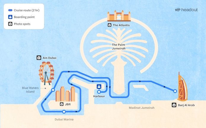 Route map of Yacht Cruises in Dubai featuring The Palm Jumeirah, Ain Dubai, and Burj Al Arab.
