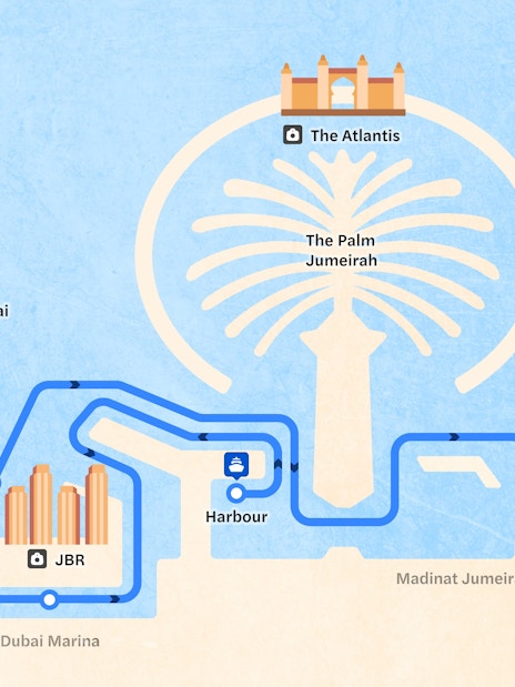 Route map of Yacht Cruises in Dubai featuring The Palm Jumeirah, Ain Dubai, and Burj Al Arab.