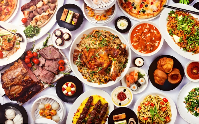 Variety of international dishes at Kaleidoscope Atlantis Dubai buffet.