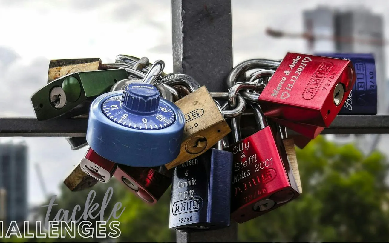 Love locks on a bridge in Frankfurt, part of the self-guided city exploration game.