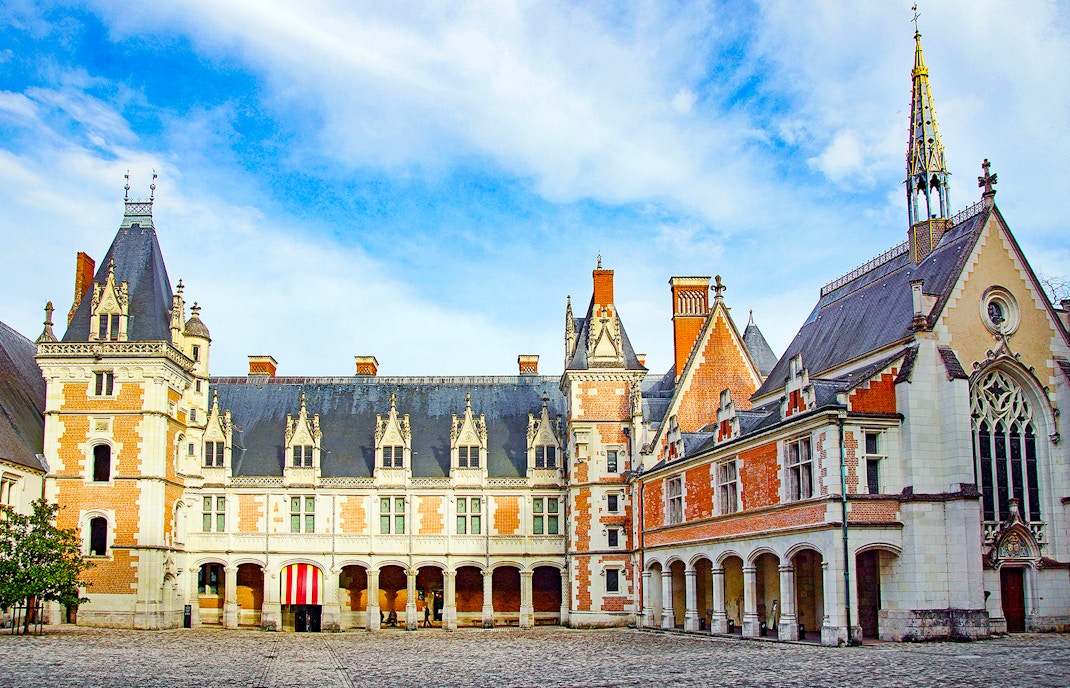 Royal Blois Castle exterior with intricate architecture and lush gardens, Blois, France.