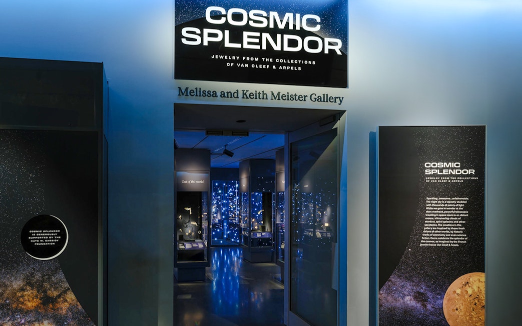 Entrance to Cosmic Splendor exhibit at the American Museum of Natural History, showcasing jewelry.