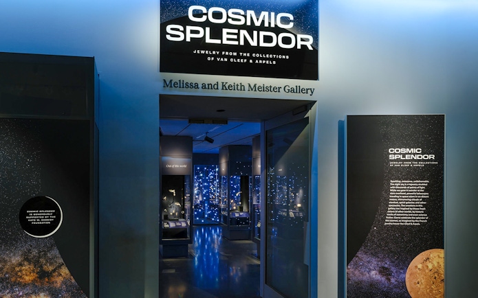 Entrance to Cosmic Splendor exhibit at the American Museum of Natural History, showcasing jewelry.