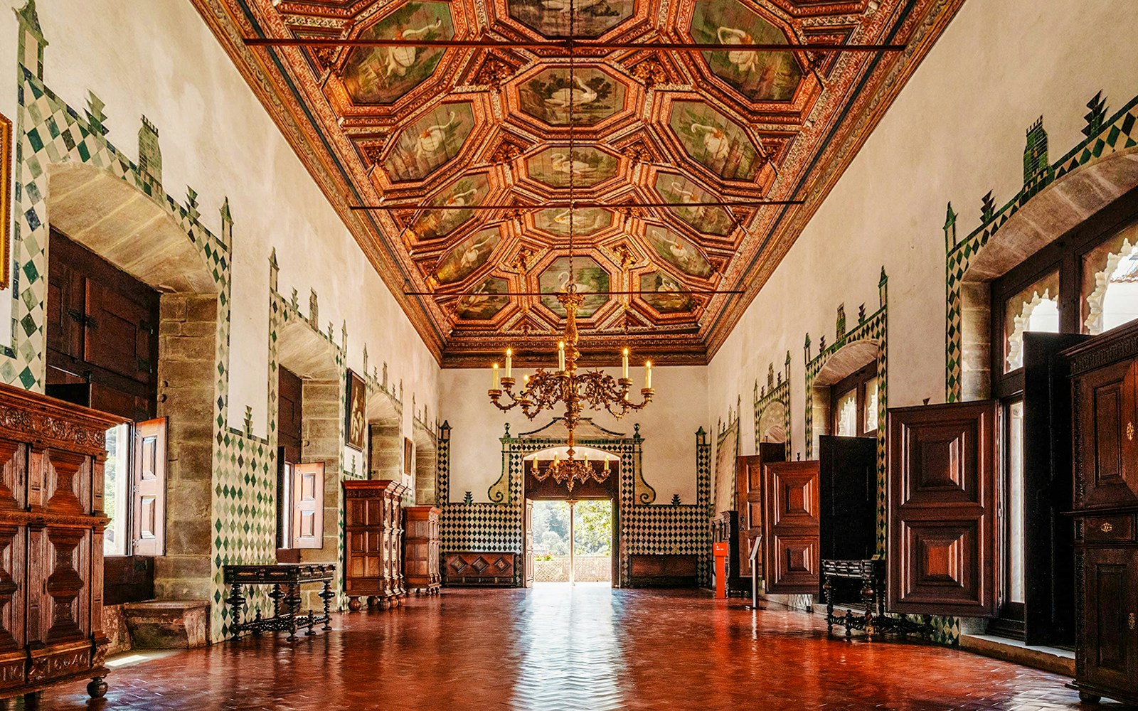 Swan Room ceiling with intricate swan motifs at National Palace of Sintra, Portugal.
