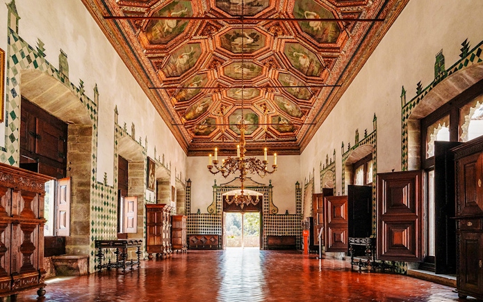 Swan Room ceiling and decor in the National Palace of Sintra, Portugal.