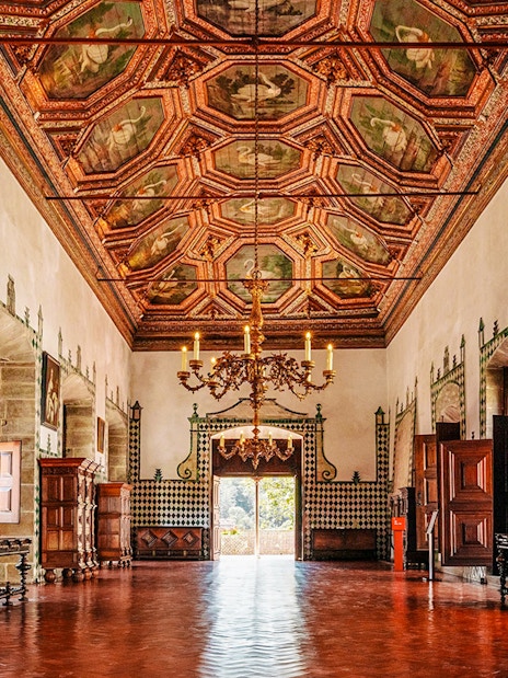 Swan Room ceiling and decor in the National Palace of Sintra, Portugal.