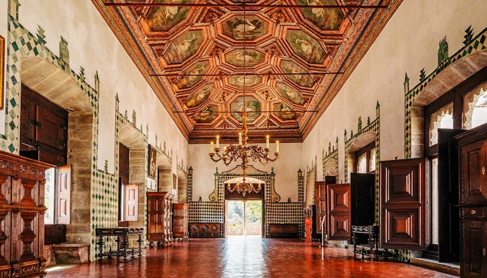 Swan Room ceiling with intricate swan motifs at National Palace of Sintra, Portugal.