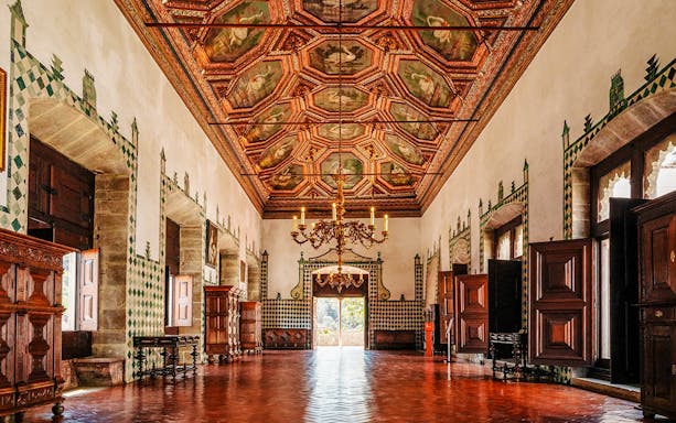 Swan Room ceiling and decor in the National Palace of Sintra, Portugal.