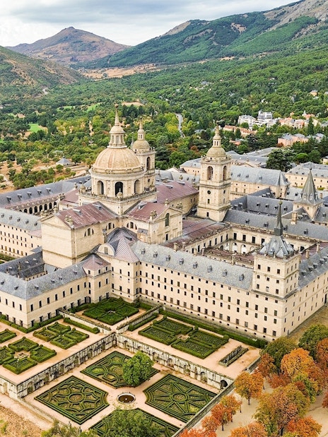 Aerial view of El Escorial monastery complex in San Lorenzo de El Escorial, Spain.