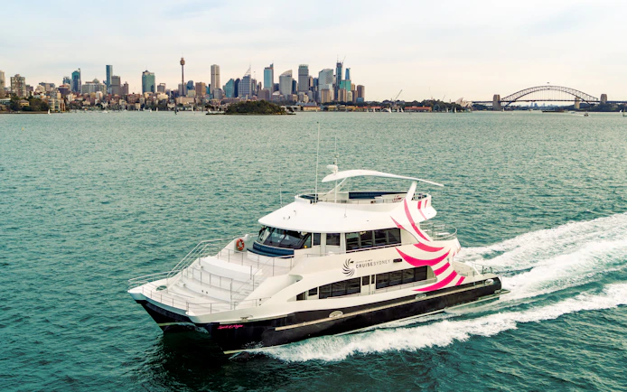 Cruise ship on Sydney Harbour with city skyline and Harbour Bridge in background.