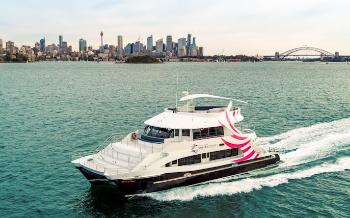 Cruise ship on Sydney Harbour with city skyline and Harbour Bridge in background.