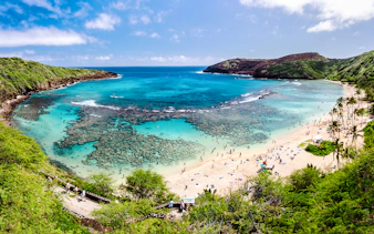 Hanauma Bay, Oahu with visitors snorkeling in clear blue waters and relaxing on the sandy beach.