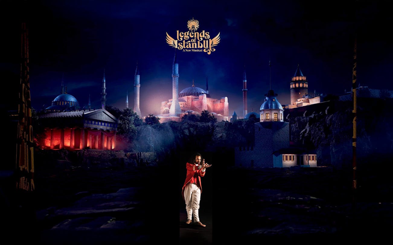 Performer on stage at Legends of Istanbul with cityscape backdrop.