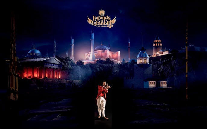 Performer on stage at Legends of Istanbul with cityscape backdrop.