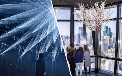 teamLab Planets TOKYO light installation and Tokyo Tower Main Deck city view.