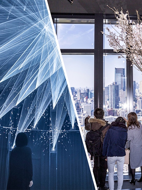 teamLab Planets TOKYO light installation and Tokyo Tower Main Deck city view.