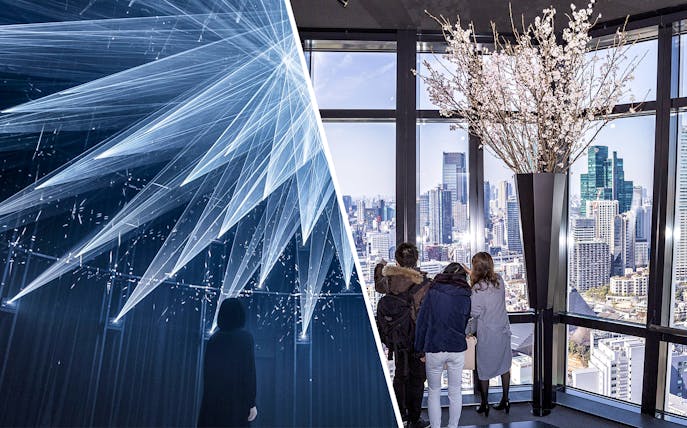teamLab Planets TOKYO light installation and Tokyo Tower Main Deck city view.