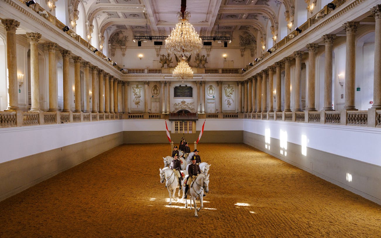 Lippizans performing at the Spanish Riding School arena in Vienna.