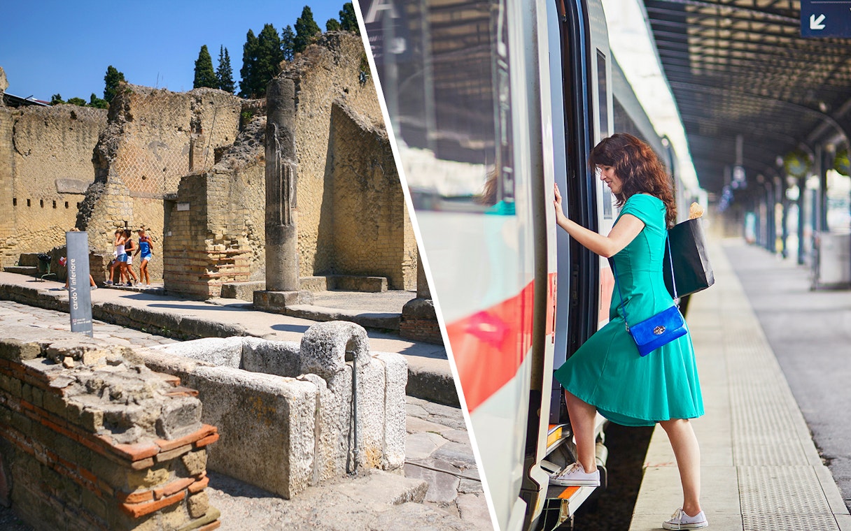 Herculaneum ruins and woman boarding Campania Express train at Naples Porta Nolana station.