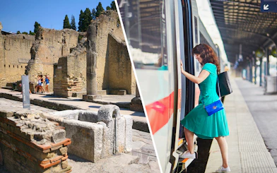 Herculaneum ruins and woman boarding Campania Express train at Naples Porta Nolana station.