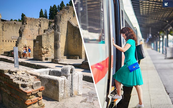 Herculaneum ruins and woman boarding Campania Express train at Naples Porta Nolana station.