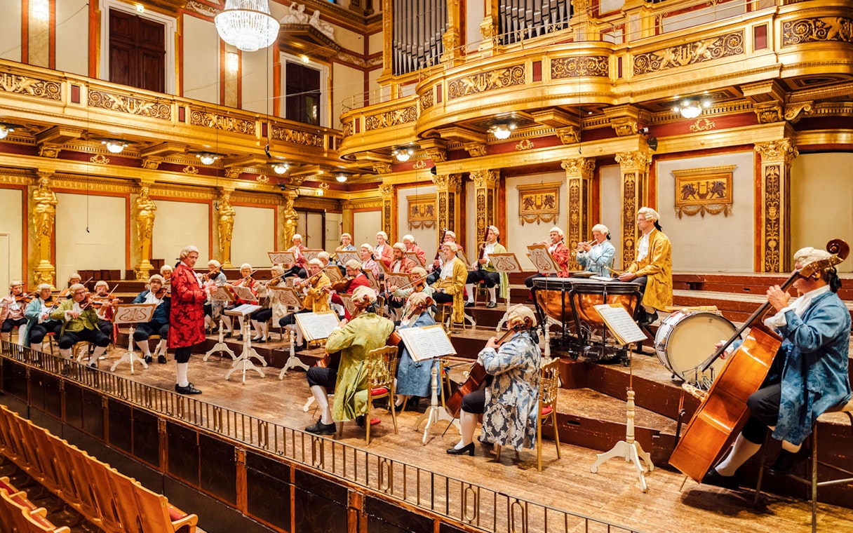 Orchestra performing in Vienna's Musikverein Golden Hall.
