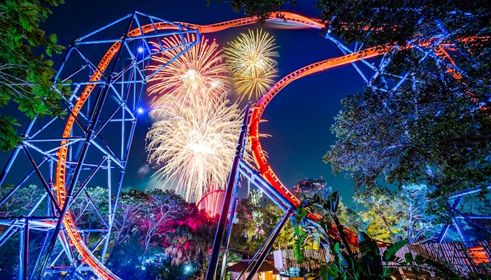Roller coaster with fireworks at Busch Gardens, Tampa Bay.