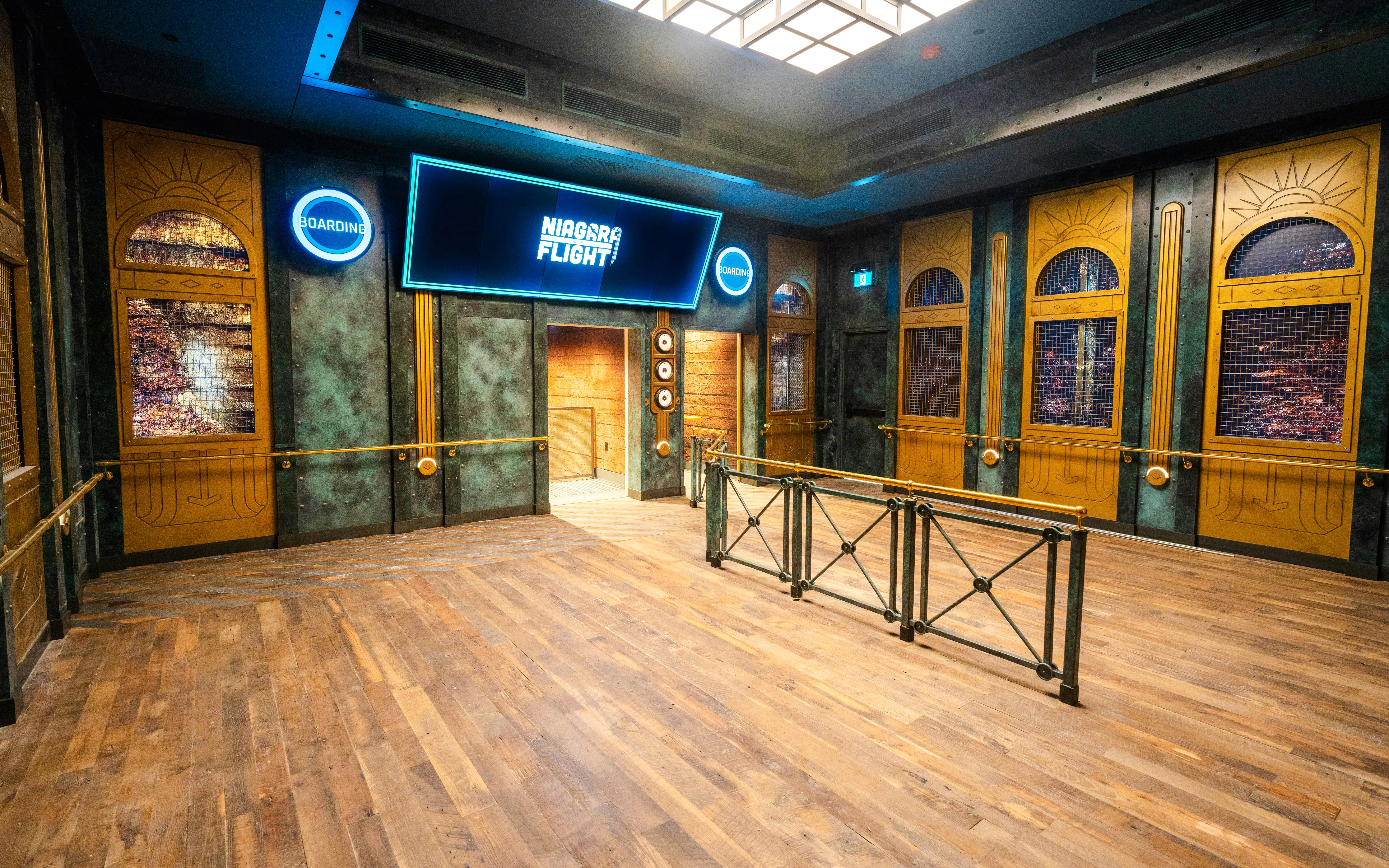 Niagara Takes Flight boarding area with vintage decor in Canada.