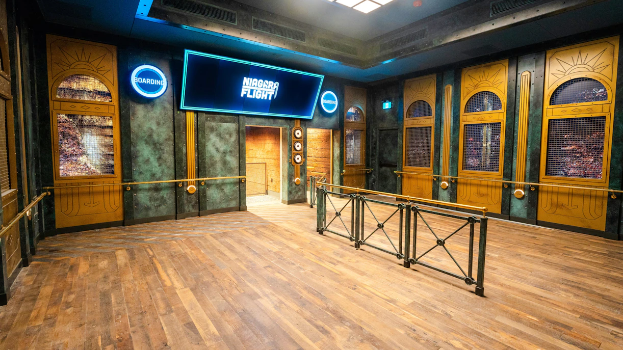 Niagara Takes Flight boarding area with vintage decor in Canada.