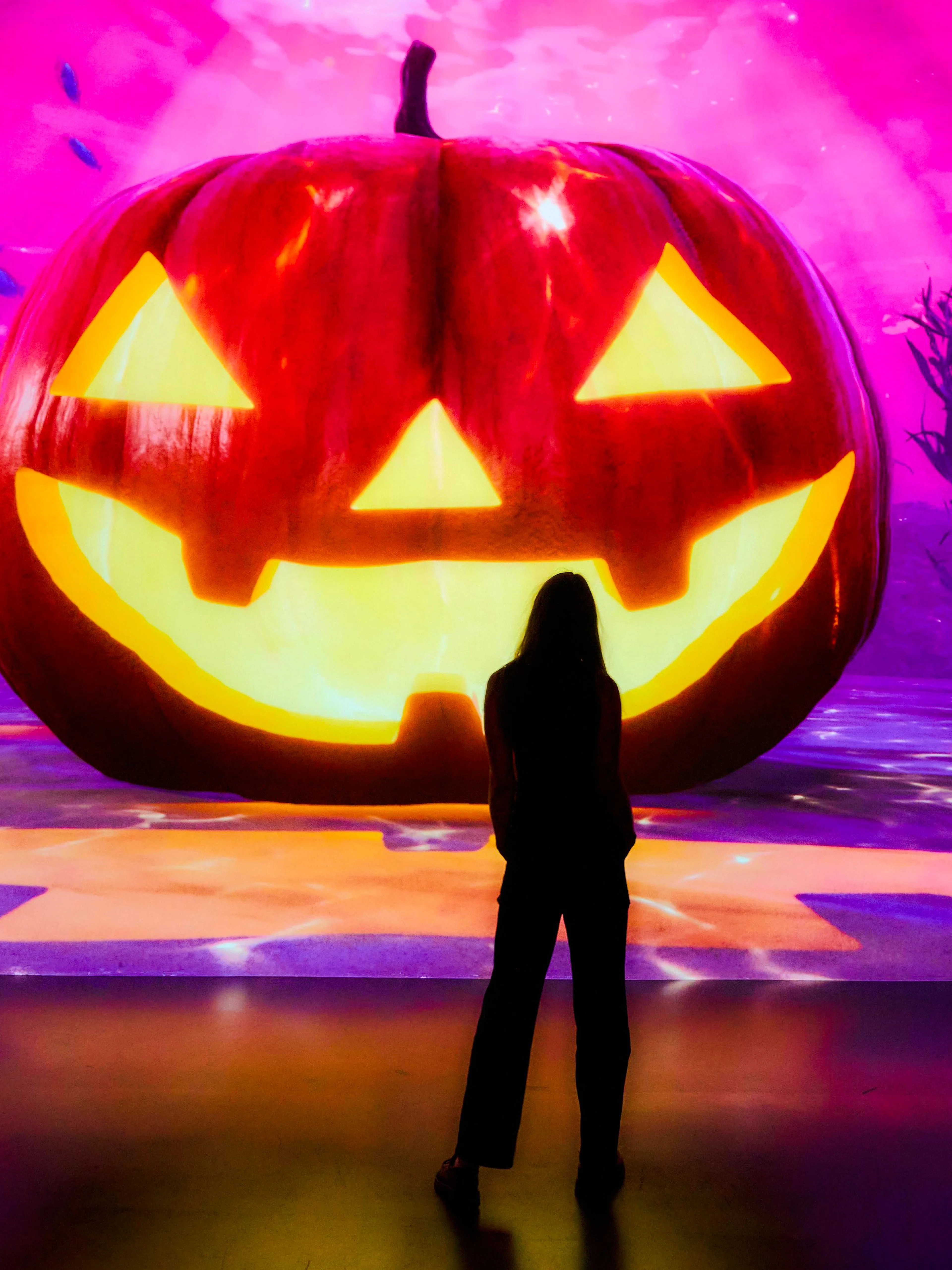 Silhouette of a person facing glowing jack-o'-lanterns at ARTECHOUSE NYC Halloween exhibition.