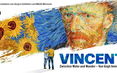 Van Gogh Immersive exhibition poster with sunflowers and self-portrait in Zurich