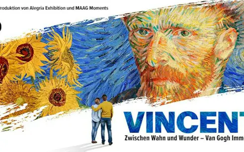 Van Gogh Immersive exhibition poster with sunflowers and self-portrait in Zurich