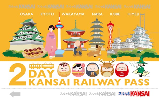 Kansai Thru Pass illustration featuring landmarks from Osaka, Kyoto, Nara, Kobe, and Himeji.