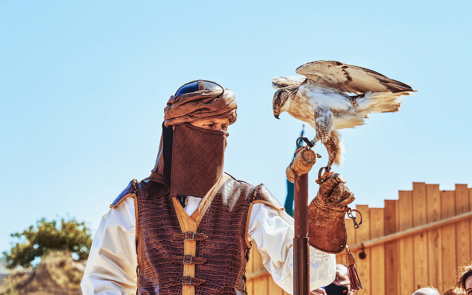 Performer in historical costume at Puy du Fou España Park, Spain, engaging in a live reenactment.