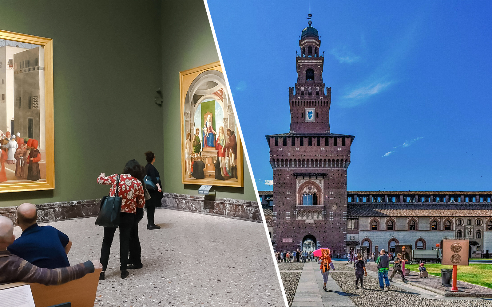 Visitors exploring art inside Sforza Castle and walking outside its historic facade in Milan, Italy.