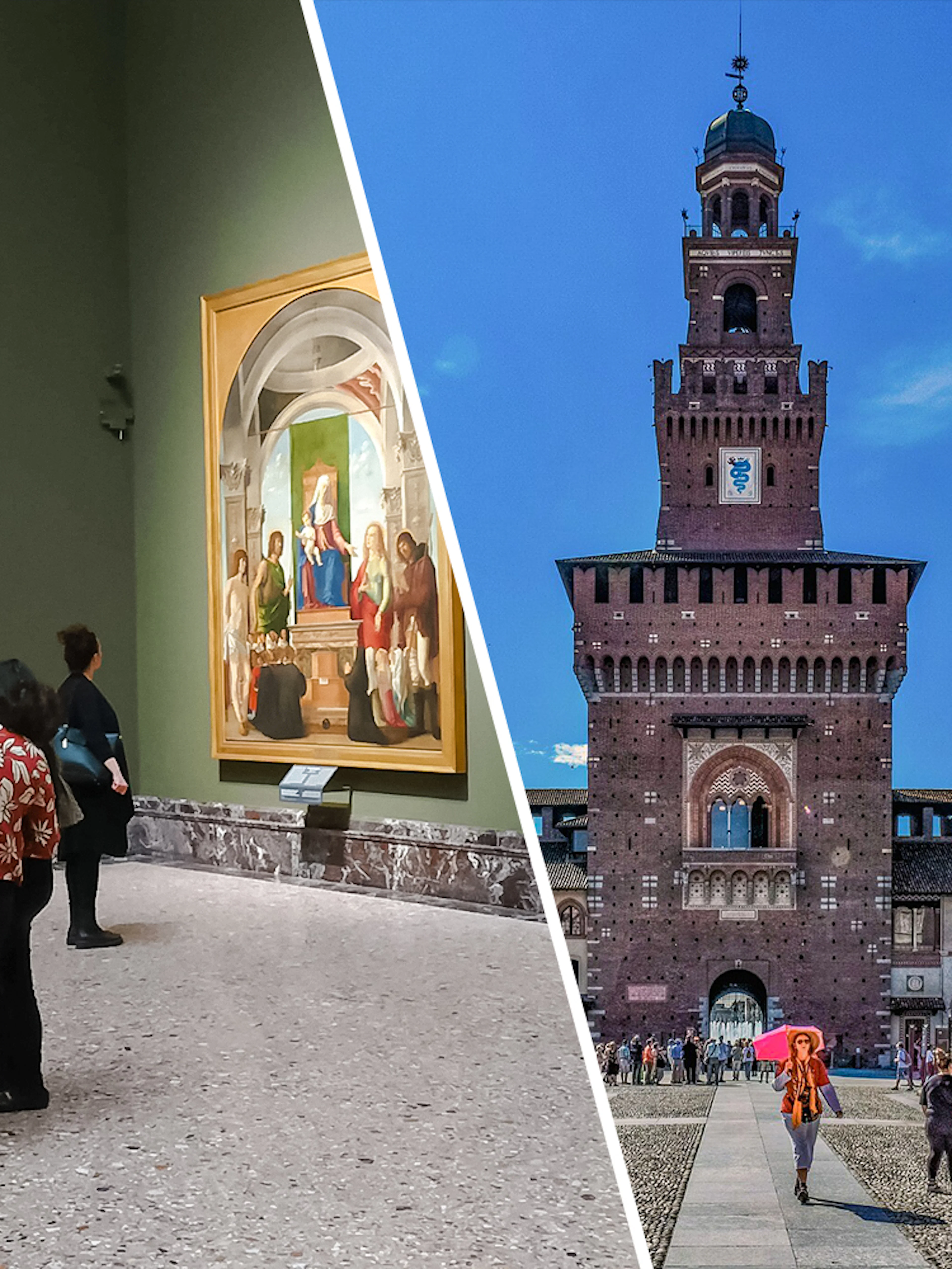 Visitors exploring art inside Sforza Castle and walking outside its historic facade in Milan, Italy.