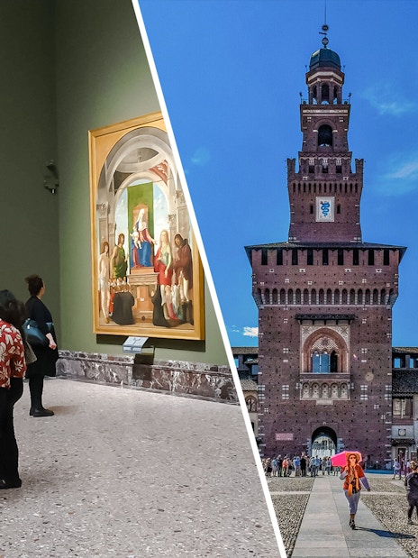 Visitors exploring art inside Sforza Castle and walking outside its historic facade in Milan, Italy.