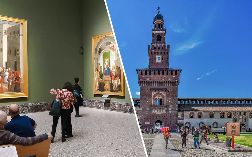Visitors exploring art inside Sforza Castle and walking outside its historic facade in Milan, Italy.
