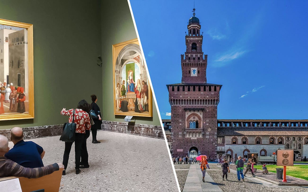 Visitors exploring art inside Sforza Castle and walking outside its historic facade in Milan, Italy.