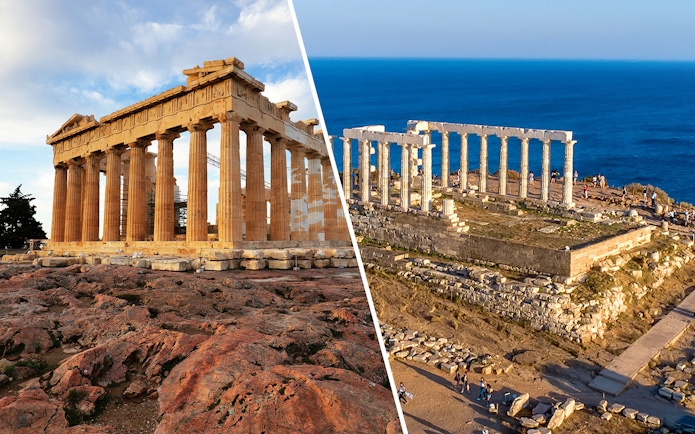 Acropolis Parthenon and Temple of Poseidon at Cape Sounion with sea view.