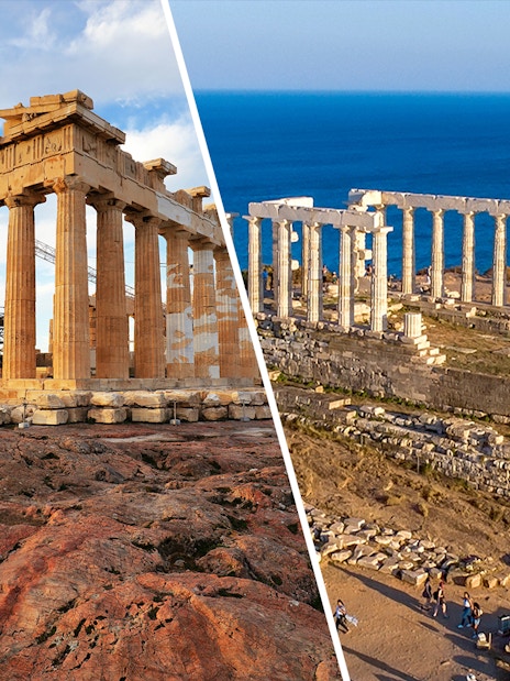 Acropolis Parthenon and Temple of Poseidon at Cape Sounion with sea view.