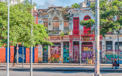 Colorful graffiti-covered buildings in Favela Santa Marta, Rio de Janeiro, Brazil.